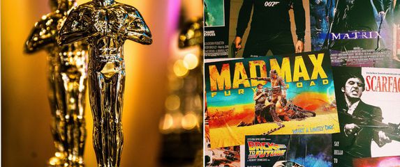 prestižna nagrada Oscar i njezin kipić pored raznih plakata iz filmova