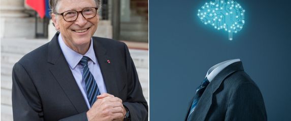 poduzetnik i inovator Bill Gates stoji i smije se i prikaz umjetne inteligencije kao čovjeka s digitalnim mozgom