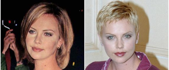 Charlize Theron 1996. godine (lijevo), prije prve pixie frizure koju je napravila 1997. (desno)