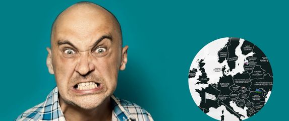 Ljutiti muškarac i karta Europe s najgorim uvredama