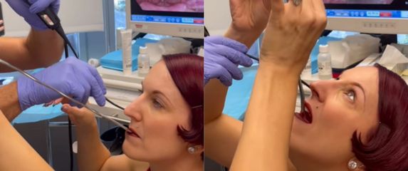 Zabavljačica Gin Minsky pri snimanju procesa gutanja mača