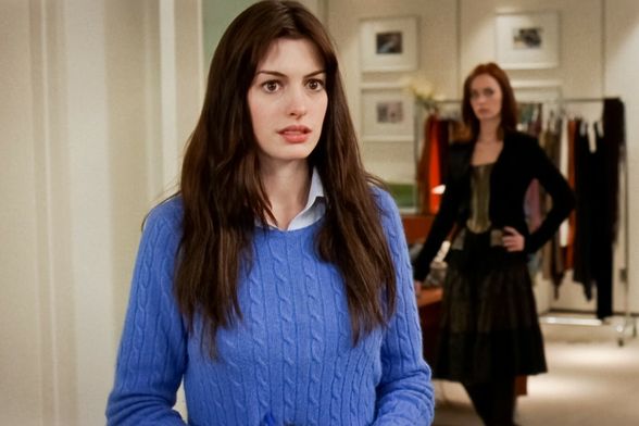 Anne Hathaway kao Andy u cerulean plavom džemperu u filmu Vrag nosi Pradu