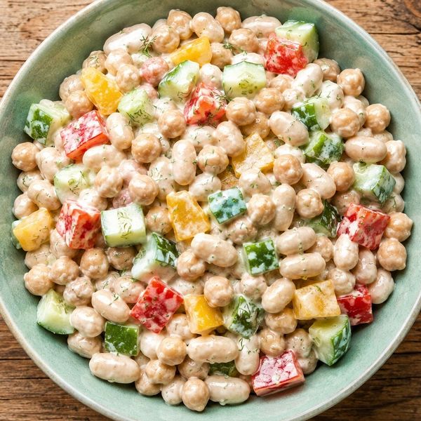 Salata od graha, slanutka i povrća s kremastim preljevom recept