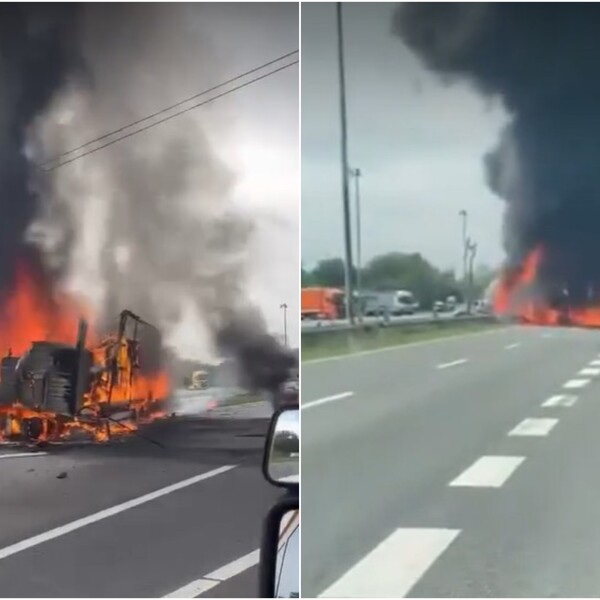 Strašna nesreća na autocesti: Kamion probio ogradu, zabio se u dalekovod i zapalio