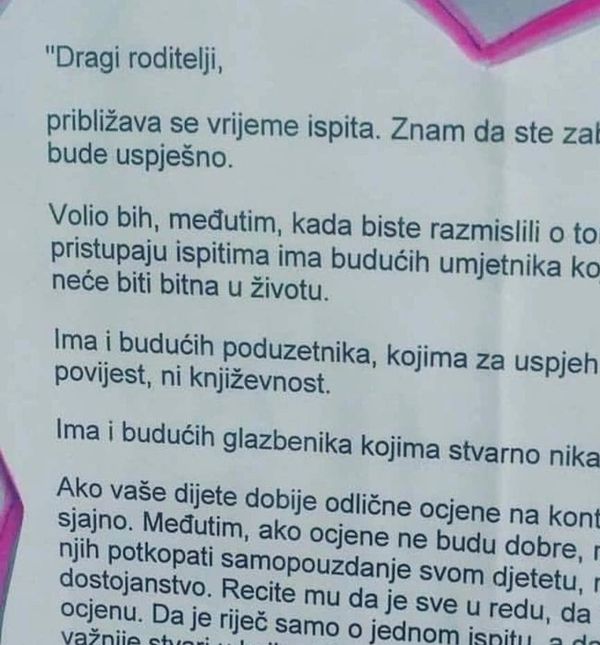 Jedan ravnatelj škole napisao je pismo roditeljima koje je postalo viralno