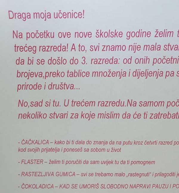 Učiteljica jedne osnovne škole u Rijeci poklonila je svojim đacima pismo i mali dar