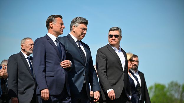 Gordan Jandroković, Andrej Plenković i Zoran Milanović u Jasenovcu