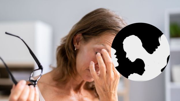 Žena koja trlja oči nakon nošenja naočala i vizualna zagonetka