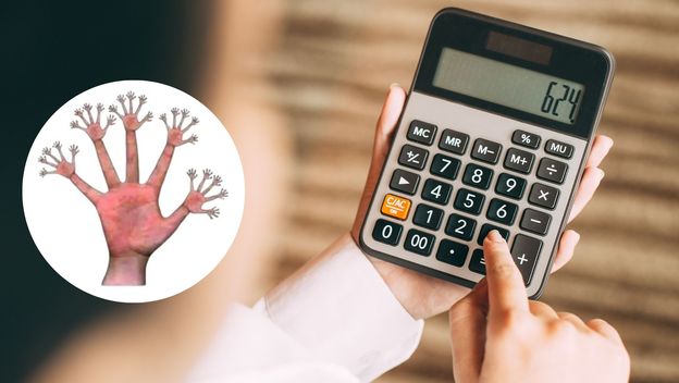 Osoba koja unosi brojeve u kalkulator i vizualna zagonetka s prstima