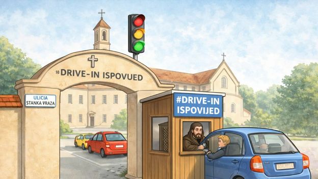 Grafika drive-in ispovijedi u župi sv Roka iz Virovitice