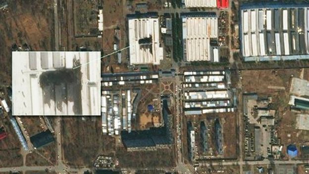 Satelitska snimka posljedica požera na pgonu za proizvodnju kompozita za ruski borbeni zrakoplov Su-57