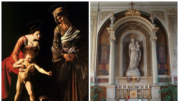 Djevica Marija drži Isusa i gazi zmiju: slika koju je naslikao Michelangelo Merisi da Caravaggio (lijevo) i kip iz crkve svetog Jakova u francuskoj (desno) (Foto: Wikimedia Commons)