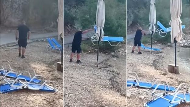 Srbin baca ležaljke na plaži