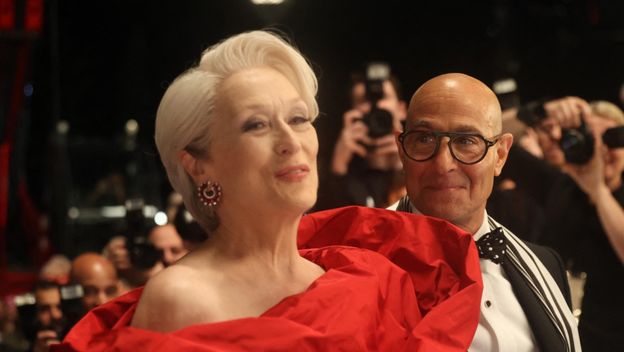 Meryl Streep u crvenoj haljini na setu filma