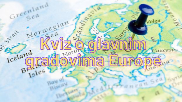 Karta Europe sa zabijenom pribadačom i naslov kviza