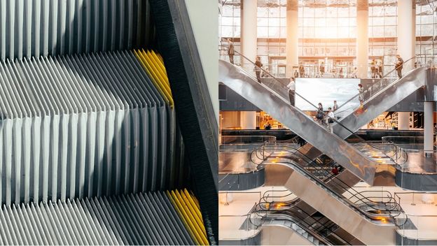 pokretne stepenice u šoping centru koje se križaju i fotografija pokretnih stepenica s četkama sa strane