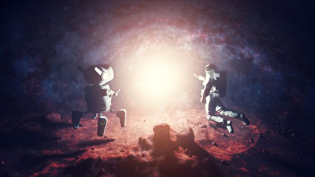 Robot i astronaut, ilustracija