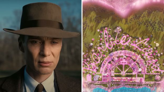 najave za film oppenheimer i barbie jedna pored druge