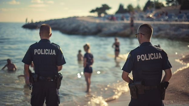 Uhićenje na plaži, ilustracija, AI