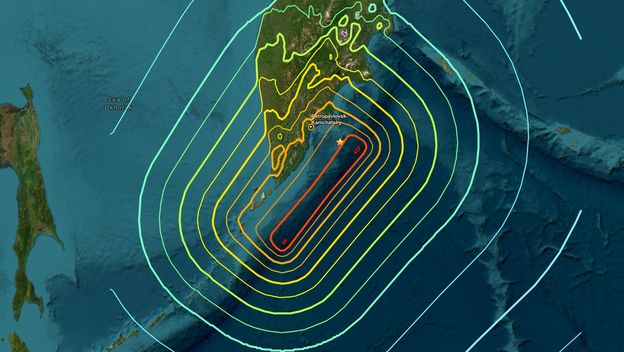 Prikaz potresa kod Kamčatke na satelitskoj karti