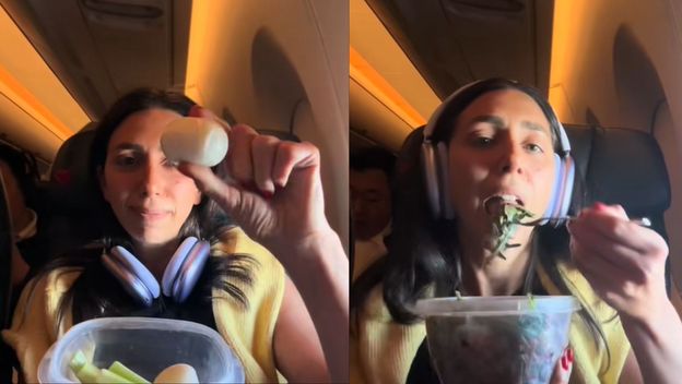 Influenceerica Jess Marra kako priprema salatu na letu