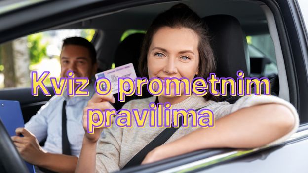 Žena u autoškoli s podignutom vozačkom dozvolom uz naslov kviza