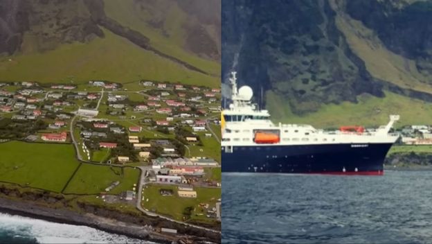 Otok Tristan de Cunha iz zraka i brod ispred luke otoka