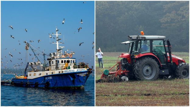 Ribarski brod i traktor u polju, ilustracija