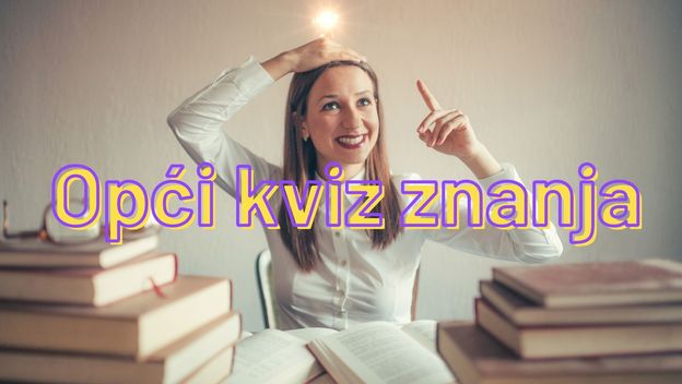 Žena koja čita knjige s upaljenom žaruljom iznad glave i natpis opći kviz znanja