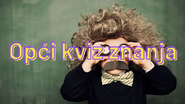 Dijete u kostimu Alberta Einsteina i natpis Opći kviz znanja