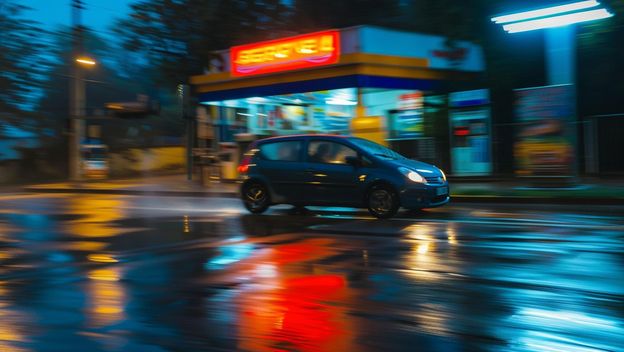 Automobil odlazi s benzinske postaje, AI, ilustracija