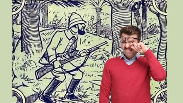 Optička iluzija lovca u šumi i muškarac koji trlja oči ispod naočala