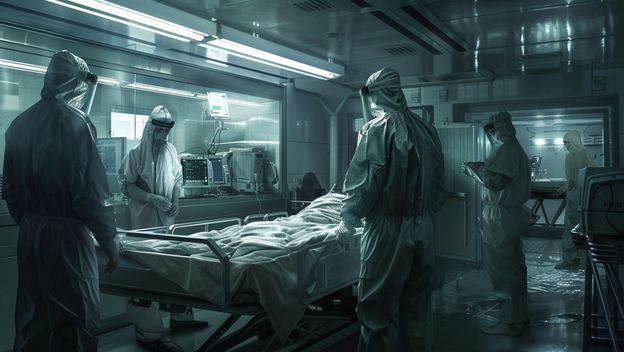 Izolacija pacijenta oboljelog od ebole, ilustracija, AI