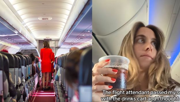 Stjuardesa koja poslužuje piće u zrakoplovu i zabrinuta TikTokerica