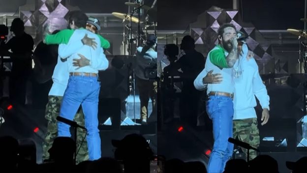 Glazbenik Post Malone i košarkaš Allen Iverson zagrljeni na pozornici