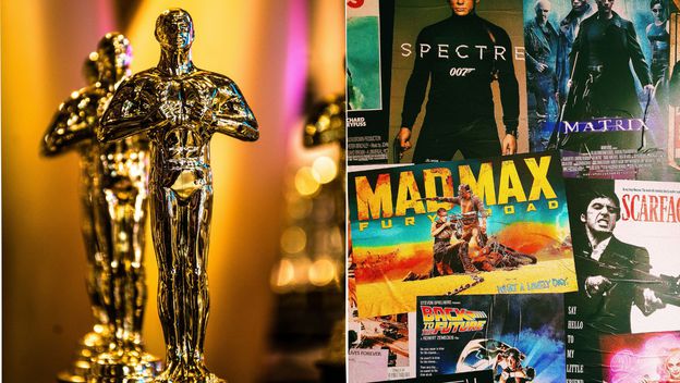 prestižna nagrada Oscar i njezin kipić pored raznih plakata iz filmova