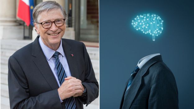 poduzetnik i inovator Bill Gates stoji i smije se i prikaz umjetne inteligencije kao čovjeka s digitalnim mozgom