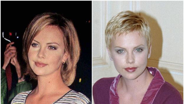 Charlize Theron 1996. godine (lijevo), prije prve pixie frizure koju je napravila 1997. (desno)