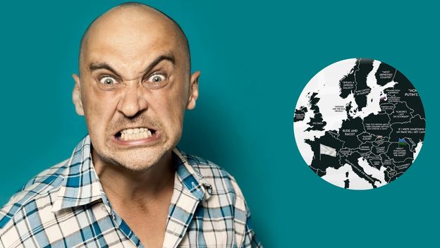 Ljutiti muškarac i karta Europe s najgorim uvredama