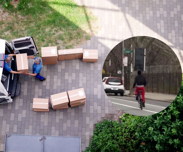 Selidba i muškarac na bicikl s hladnjakom na glavi