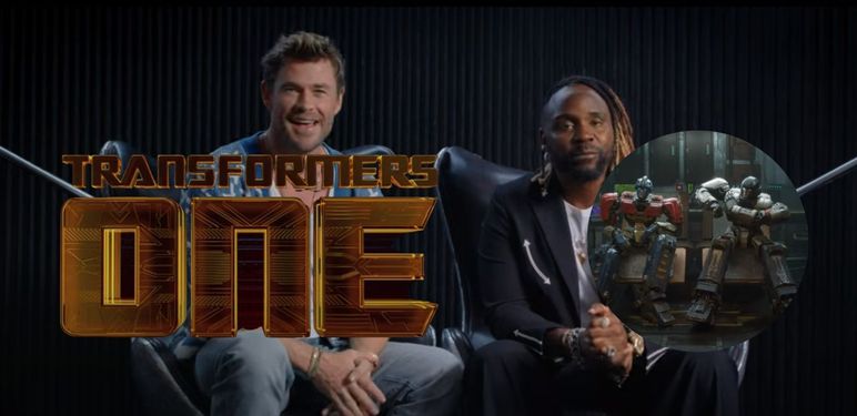 Glumci Chris Hemsworth i Brian Tyree Henry kako sjede u najavi filma Transformers One