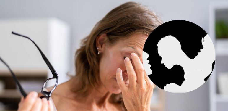 Žena koja trlja oči nakon nošenja naočala i vizualna zagonetka