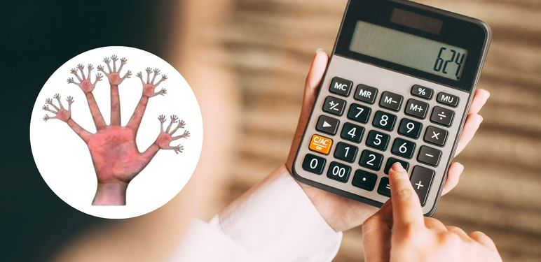 Osoba koja unosi brojeve u kalkulator i vizualna zagonetka s prstima