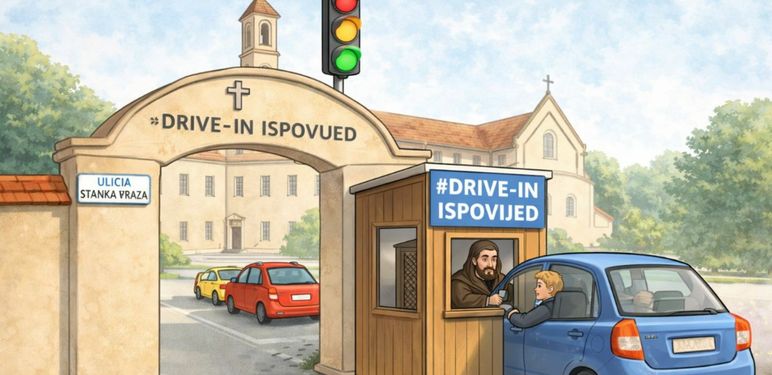 Grafika drive-in ispovijedi u župi sv Roka iz Virovitice
