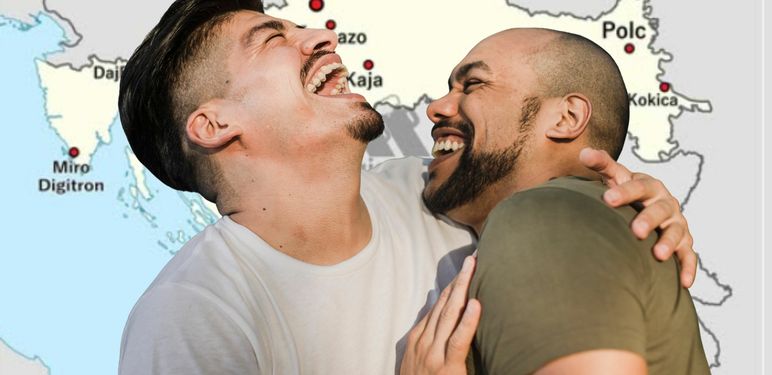 Karta Hrvatske s imenima lokalnih osoba i muškarci koji se smiju