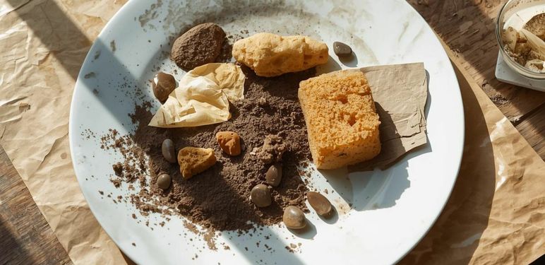 Kamenje, zemlja, papir i spužva na tanjuru