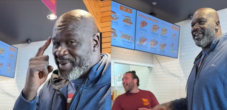 Shaquille O'Neal u interakciji sa zaposlenikom njegovog restorana