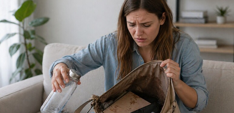 Žena kojoj se prolila voda po torbi