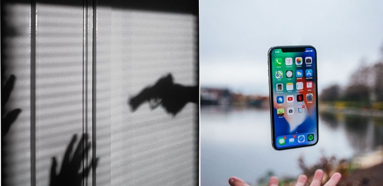 slika sjena pri pljački i iphone koji lebdi iznad ruke