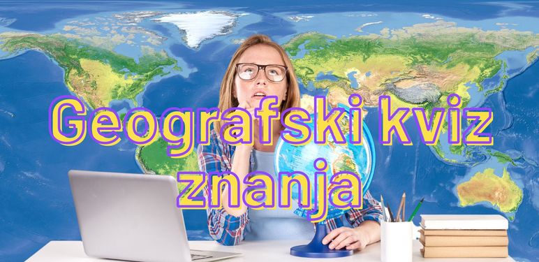 Žena razmišlja za računalom i karta svijeta uz natpis kviza